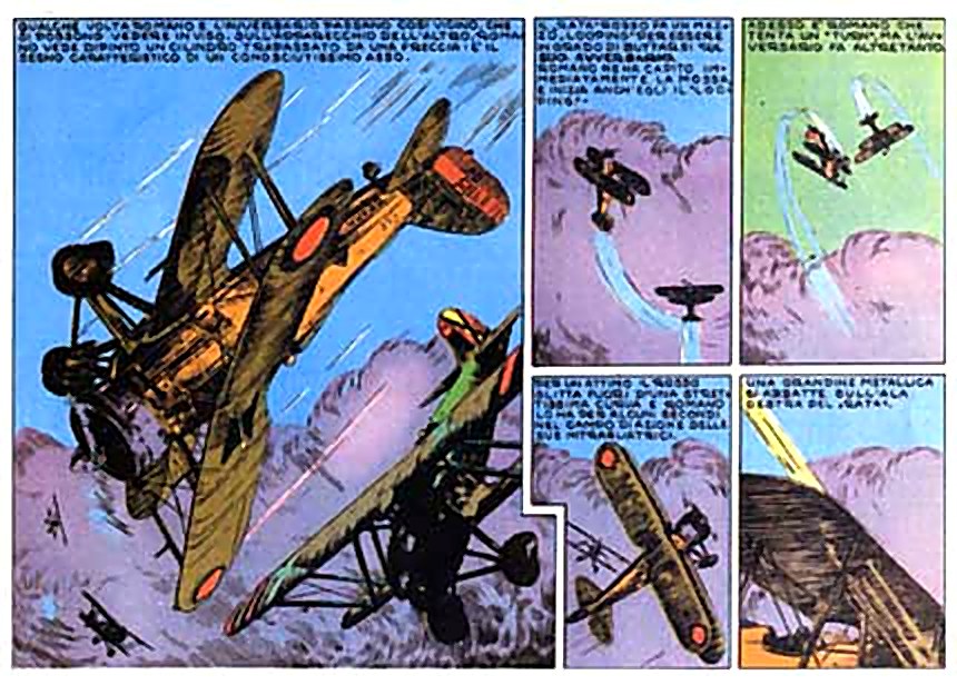 Duello aereo tra biplani in Romano il Legionario, tavola a colori di Kurt Caesar