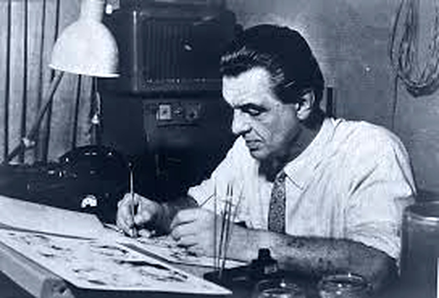 Kurt Caesar al suo tavolo da disegno, anni '50