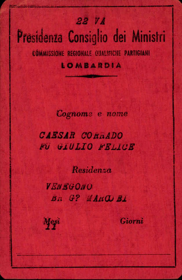 Tessera partigiana originale di Kurt Caesar, n. 22 VA, Commissione Regionale Lombardia 1948